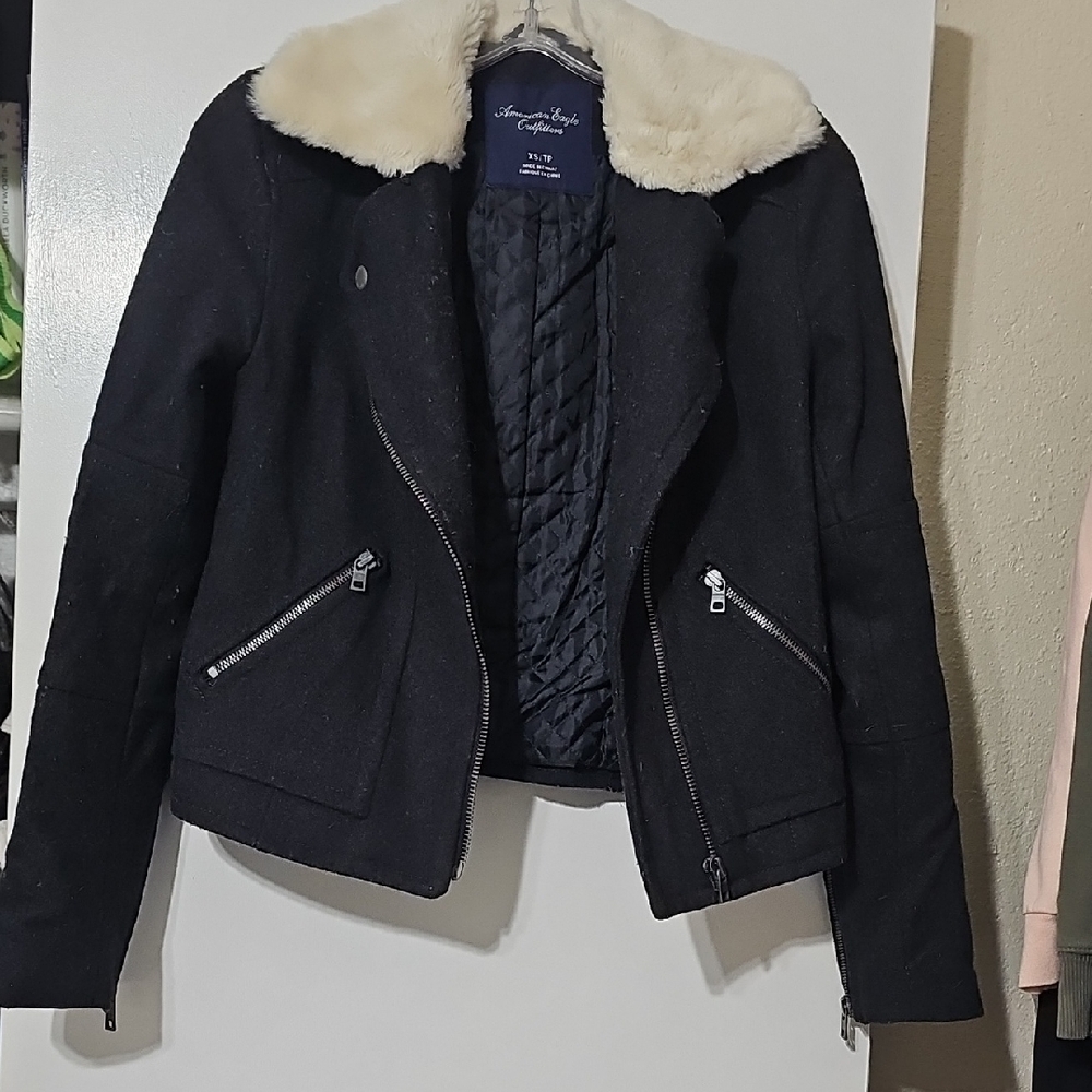 American Eagle Outfitters Black Wool Bomber Jacket with Cream Fur Collar
